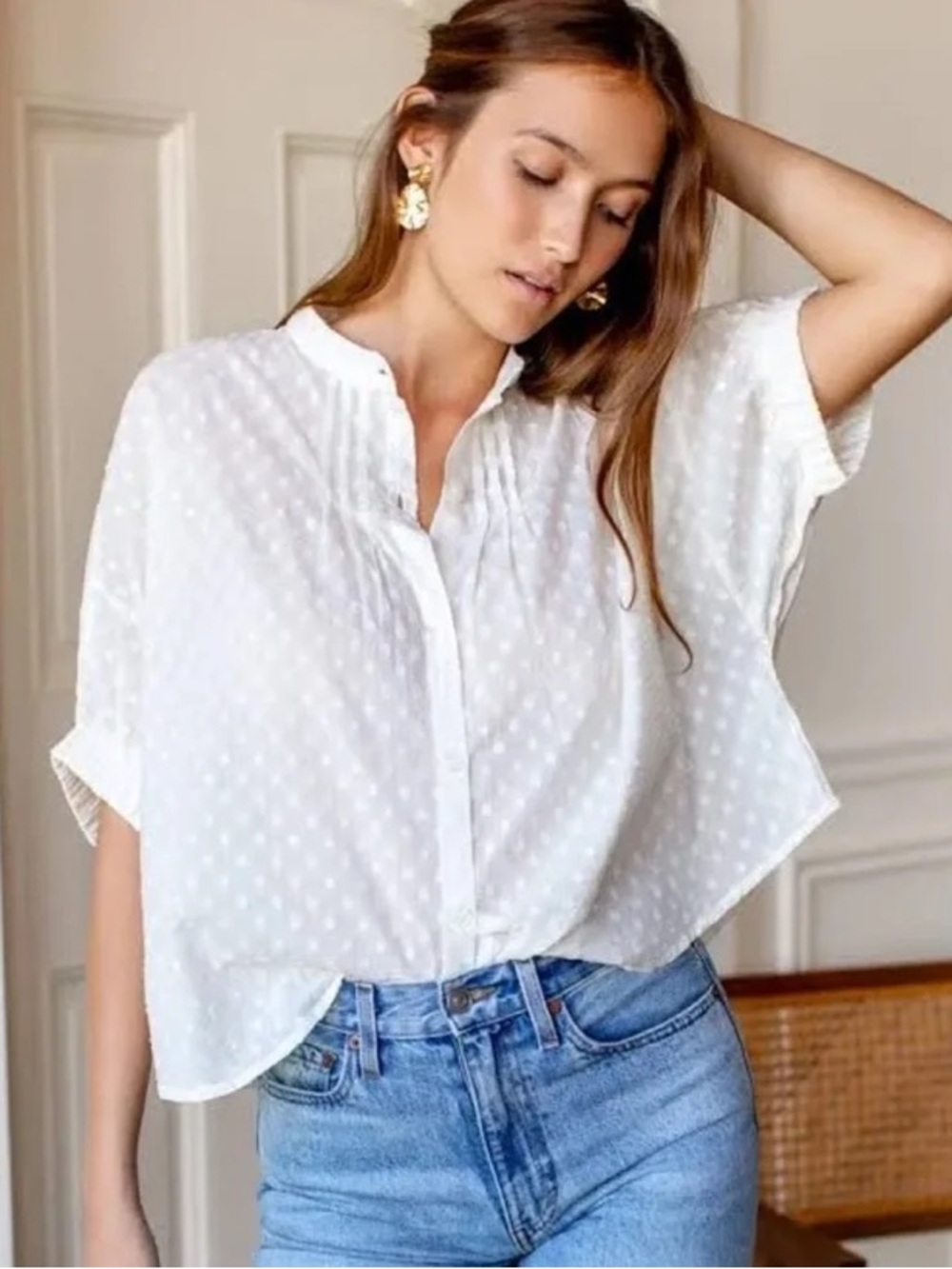 Emerson Fry India Collection Mandarin Collar Swiss Dot Top